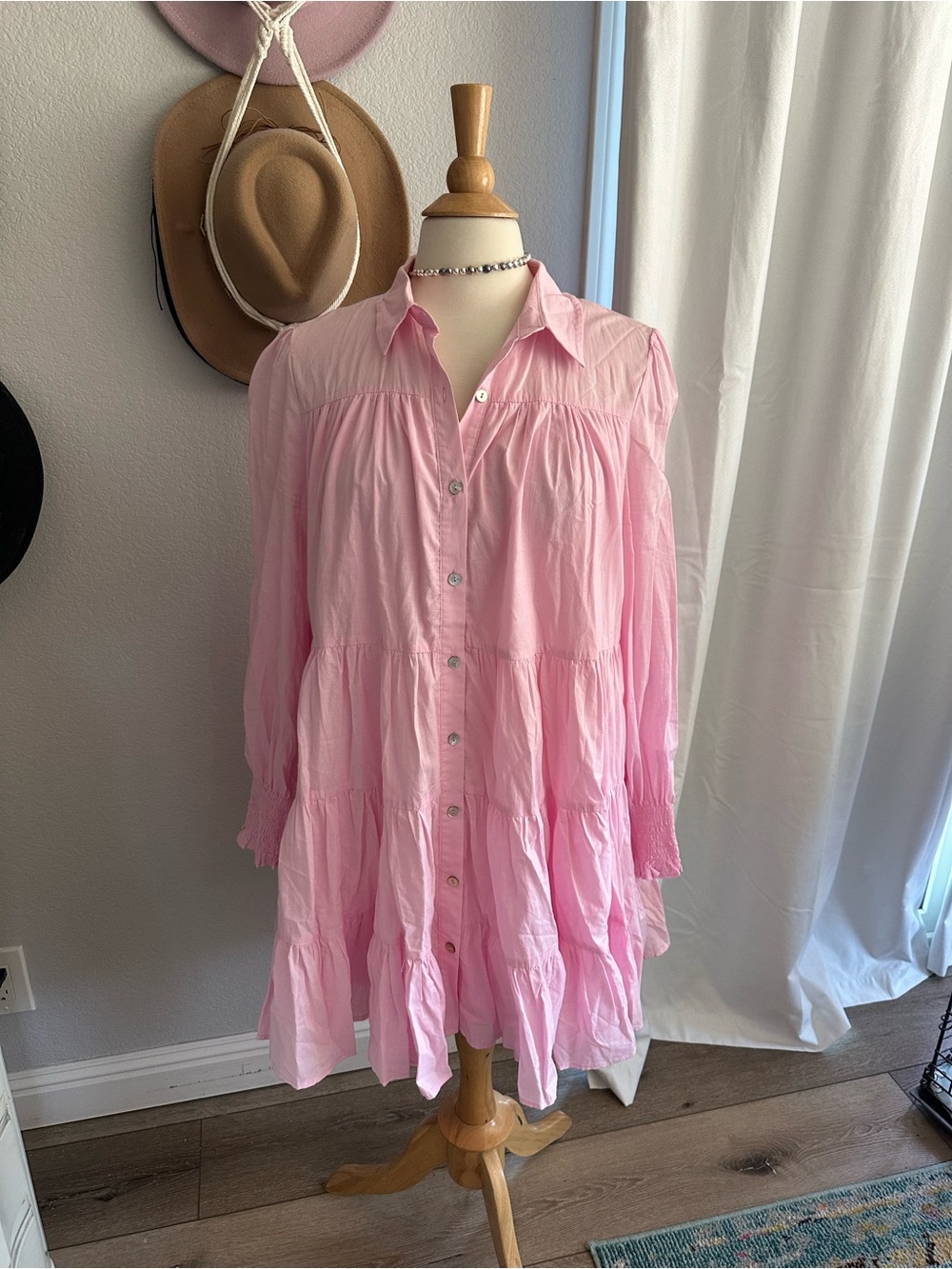 Pinch Light Pink Tiered Long-Sleeve Button-Front Dress